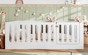 English Elm Queen Solid Pine Montessori Floor Bed for Kids with House Frame and Built-in Door Light White W5305P420638