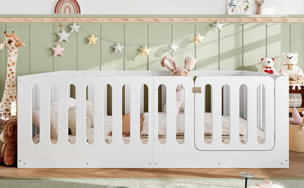 English Elm Queen Solid Pine Montessori Floor Bed for Kids with House Frame and Built-in Door Light White W5305P420638