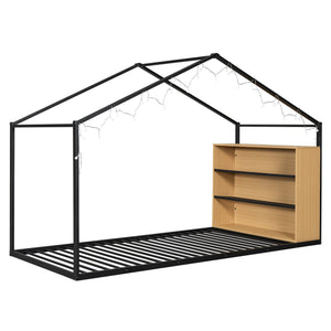 English Elm Twin House Bed Frame with Shelves & Built-In Lights, Metal-Wood Design for Creative Kids' Rooms Black N737P176708B