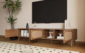 English Elm 78" Rattan TV Stand for 75-85" TVs with Glass Shelves, Solid Wood Legs, Soft-Close Doors, Walnut Finish N710P298238P