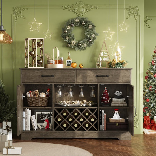 English Elm Coffee Bar Buffet Sideboard with Wine Rack Stemware Holder and Drawers in Oak Gray T3773P417369