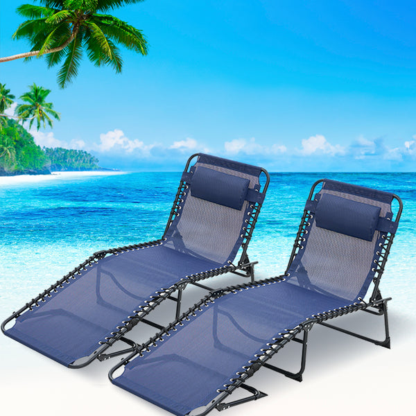 English Elm Folding Chaise Lounge Set of 2 - Portable Outdoor Pool Chairs with 4-Position Recline, Breathable Mesh, Pillow Dark Blue W3162P279116