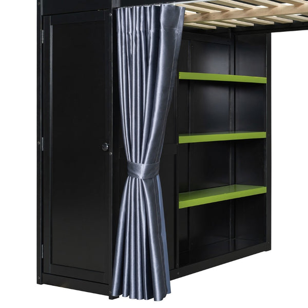 English Elm Full Size Wood Loft Bed with Wardrobe Desk Shelves Rgb Lighting and Blackout Curtains Black+Green LT000269AAF-1