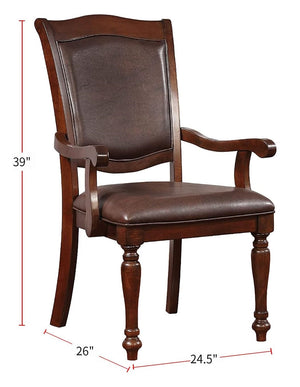English Elm Luxurious Traditional Brown Cherry Dining Arm Chairs Set of 2 — Solid Wood Turned Legs, Espresso Leatherette Seats, Cushioned Comfort, 24.5"W x 39"H B011P225590