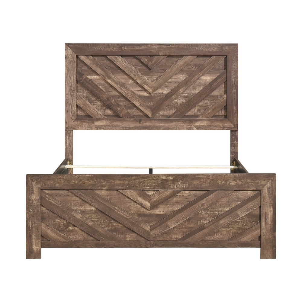 English Elm Rustic Queen Panel Bed with V-Pattern Headboard, 3D Paper Veneer Wood Look, Boxed Easy Assembly Rustic Brown 60.25 L x 39.75 W x 6.5 H B011P250472