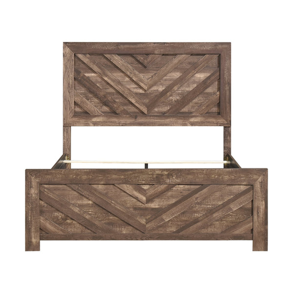 English Elm Rustic Queen Panel Bed with V-Pattern Headboard, 3D Paper Veneer Wood Look, Boxed Easy Assembly Rustic Brown 60.25 L x 39.75 W x 6.5 H B011P250472