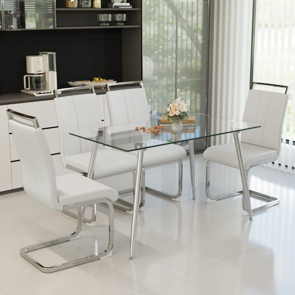 English Elm 51 Inch Tempered Glass Dining Set Seats Four with Chrome Legs and Pu Leather Chairs W2189S00918