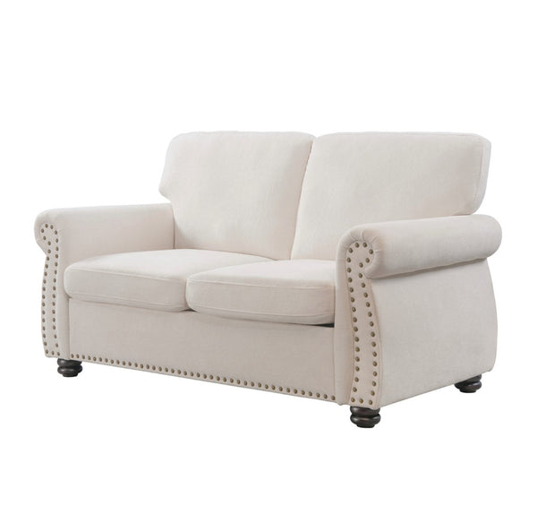 English Elm Soft Velvet Upholstered Loveseat with Turned Wood Legs Nailhead Trim Mid-century Style Ivory B2735P292313