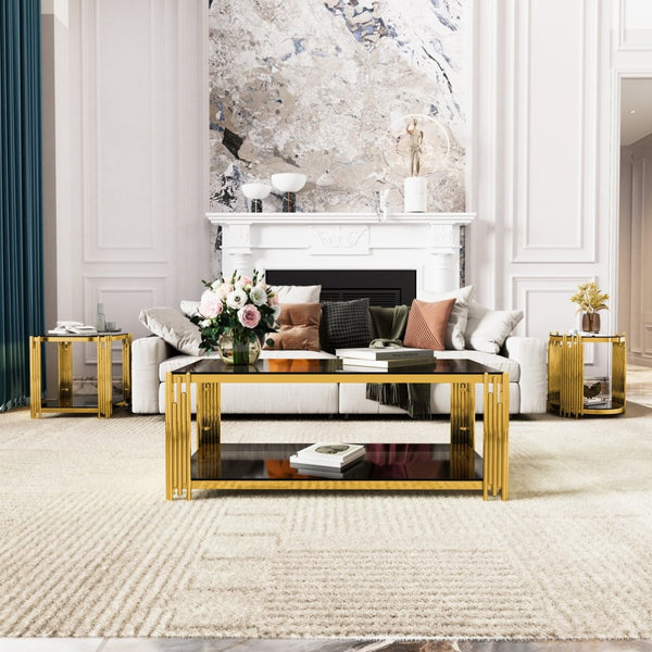 English Elm Modern Round Mirrored Glass End Table with Gold Metal Frame and Lower Display Shelf Black N735P380093B