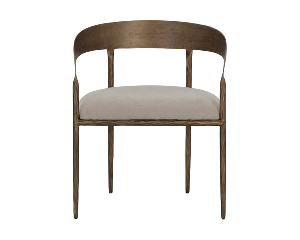 Sunpan Zanatta Dining Armchair – Handcrafted Antique Brass Frame with Unique Hammered Metal Detailing Zenith Taupe Grey