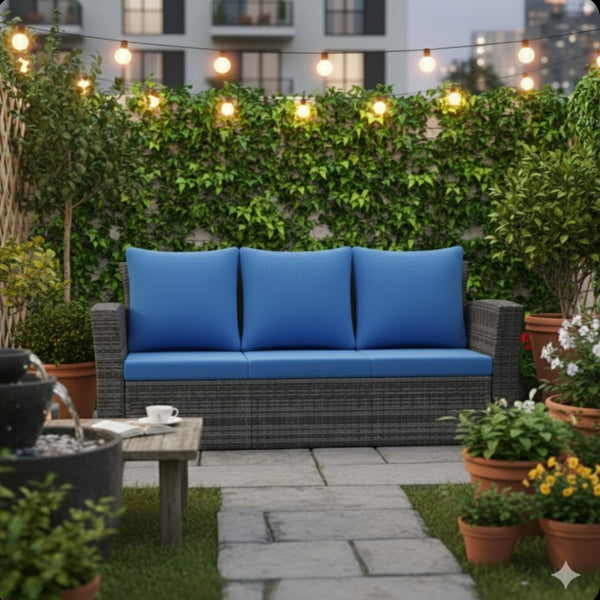 English Elm 67.7" Outdoor Wicker Three Seat Sofa High Back Pe Frame Patio Lounge Furniture Blue B082P455182