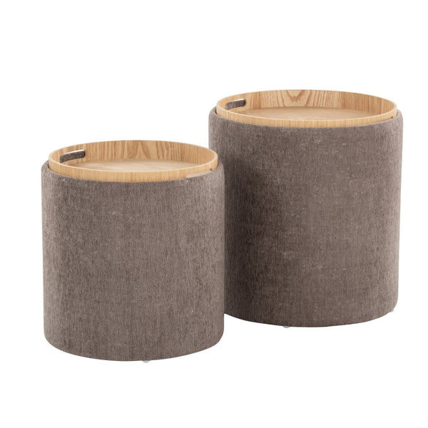 English Elm Tray Contemporary Nesting Ottoman Set – Versatile Brown Fabric & Natural Wood For Stylish Living Spaces B202P223747-GIGA