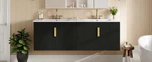 English Elm 60" Vintage Bathroom Vanity with Ceramic Sink Wall-Mount Modern Striped Design Durable MDF Wood Finish Black N710SS00010B