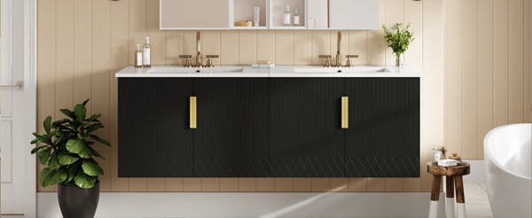 English Elm 60" Vintage Bathroom Vanity with Ceramic Sink Wall-Mount Modern Striped Design Durable MDF Wood Finish Black N710SS00010B