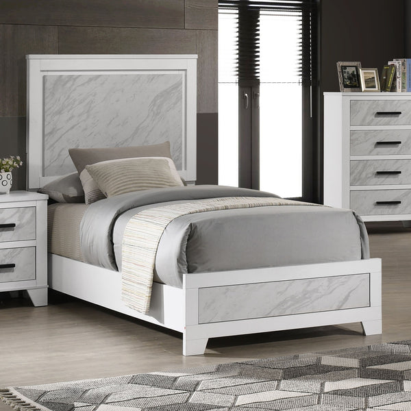 English Elm Contemporary White Twin Bed With Faux Marble Headboard - Stylish Rubberwood Frame Furniture Set B2741S00713