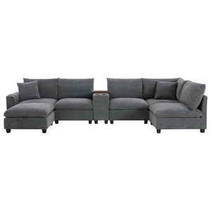 English Elm 139'' U-shaped Corduroy Sectional with Ottoman Console Usb Port and Cup Holders for Living Gray N723S1166E
