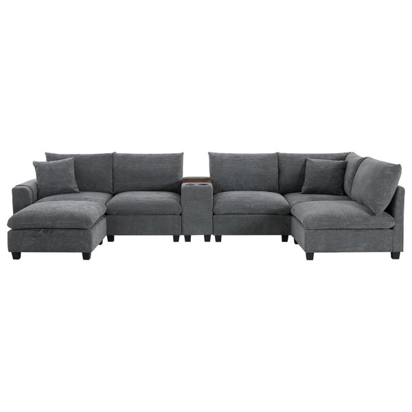 English Elm 139'' U-shaped Corduroy Sectional with Ottoman Console Usb Port and Cup Holders for Living Gray N723S1166E