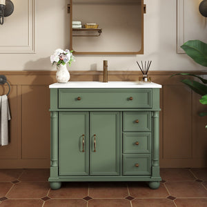English Elm 35.6" Freestanding Bathroom Vanity with Roman Column Base and Ceramic Integrated Sink W1801S00008