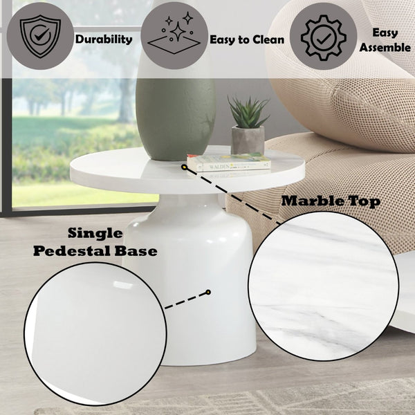 English Elm Zaid Round Engineered Marble Top End Table with Glossy White Pedestal Base B2726S00082