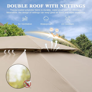 English Elm 10'x13' Outdoor Gazebo Steel Frame Double Roof Patio Shelter with Netting and Curtains Brown W1859P425842