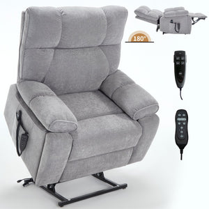 English Elm Beige Chenille Power Lift Recliner Dual Motor Massage Heat 350 Lb Capacity Gray W1803P264031