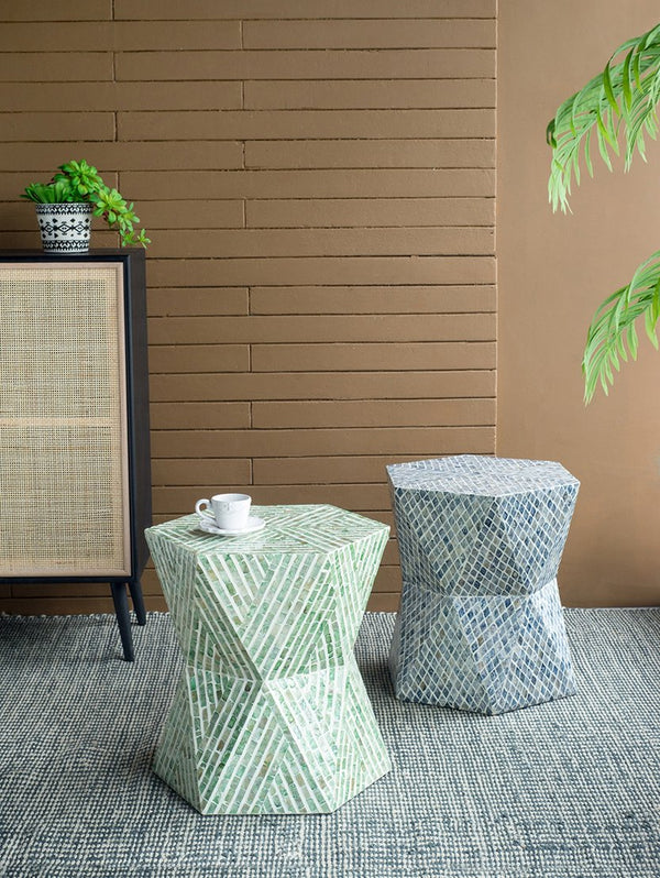 English Elm 19x19x20" Iridescent Capiz Shell Pedestal Stool Sculptural Bohemian Accent Table W2078P487549