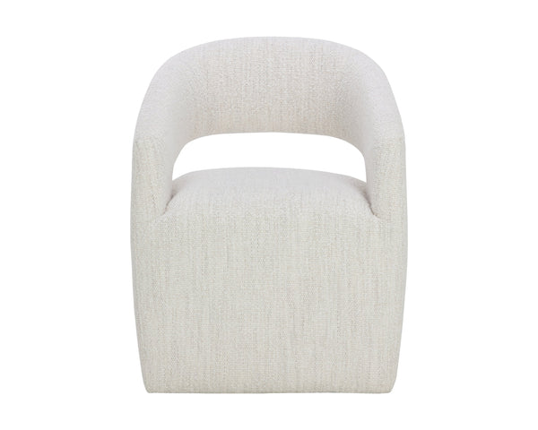 Sunpan Lloret Wheeled Dining Armchair - Elegant Curves, Comfortable Upholstery, Effortless Mobility for Dining Merino Pearl