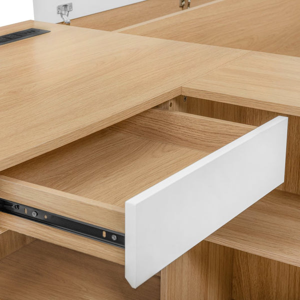 English Elm Full Size Wooden Platform Bed With 6 Drawers, Desk, Shelves & Wardrobe - Stylish Natural Finish N820S00060N