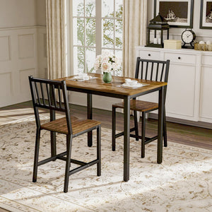 English Elm Dining Table Set 3 Piece Industrial Steel Frame with Melamine Top for Kitchen Nook Walnut W1162P424924