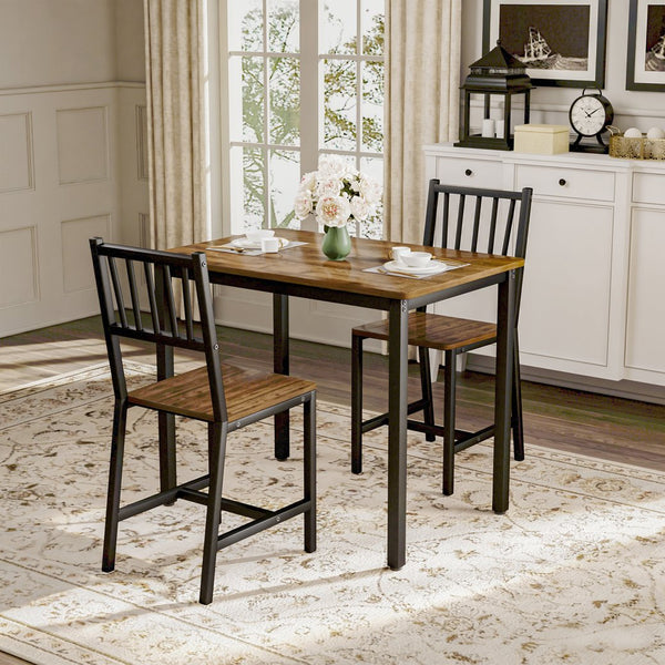 English Elm Dining Table Set 3 Piece Industrial Steel Frame with Melamine Top for Kitchen Nook Walnut W1162P424924