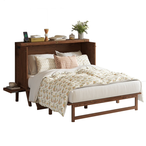 English Elm Queen Murphy Cabinet Bed Solid Pine Build with Usb Charging and Fold Out Desktop Walnut W504S00169
