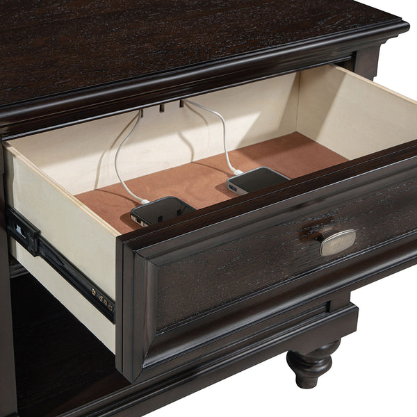 English Elm Berwick Dark Oak nightstand with drawer and open cubby, cable pass-through, rustic wood grain finish B062P374135