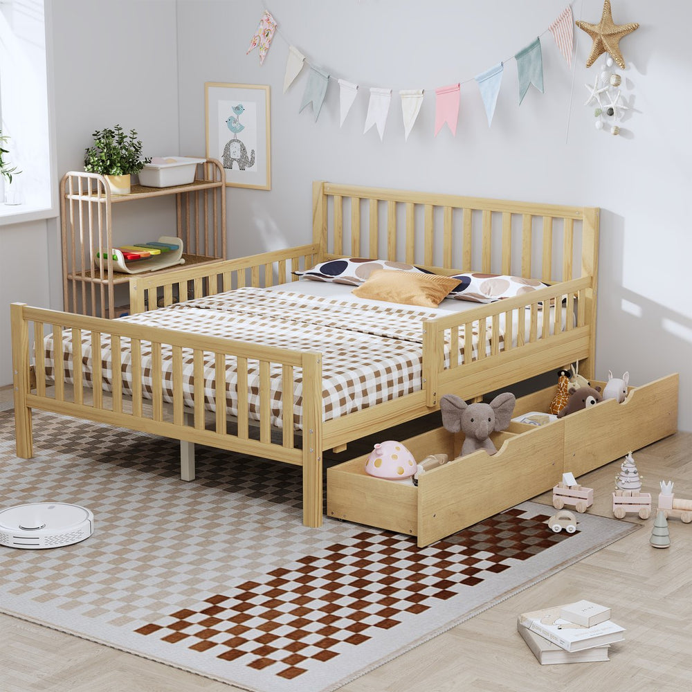 English Elm Twin Pine Platform Bed with Guardrails and Under Storage Drawers for Small Rooms N733P172700M