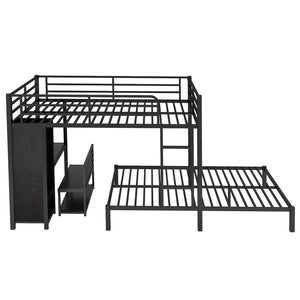 English Elm Queen Over Queen Bunk Bed Frame With Desk, Storage Chairs & Wardrobe – Space-Saving Black Design W1580S00110-GIGA