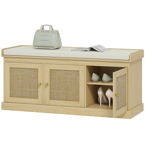 English Elm Shoe Storage Bench with Rattan Cabinet Doors Oak Frame Cushioned Entryway Seat T3971P405373