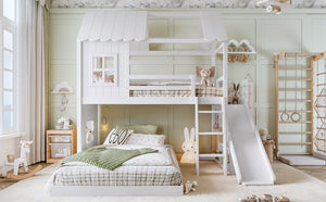 English Elm Twin Over Full Playhouse Bunk Bed with Slide Ladder Storage Shelves and Wardrobe Light White W5305S00039