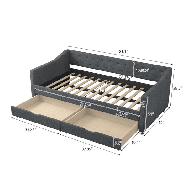 English Elm Twin Size Daybed With Drawers - Stylish Upholstered Sofa Bed In Dark Grey For Small Spaces & Guests W2336S00004-GIGA