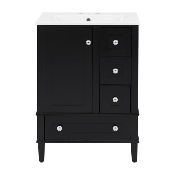 English Elm 24-inch Matte Bathroom Vanity Rubberwood Cabinet with Ceramic Sink and Soft-close Drawers Black N729P377516B