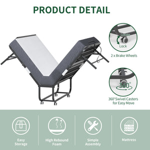 English Elm 75" Folding Bed with 5" Memory Foam for Tall Adults, Adjustable 3.15" Headboard, 450lb Frame, Wheels T2398P403871