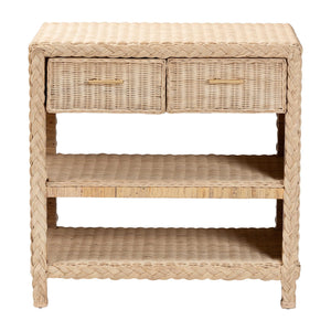 English Elm Japandi Braided Rattan Console Table with Two Drawers Open Shelves Entryway Storage B2750P420412