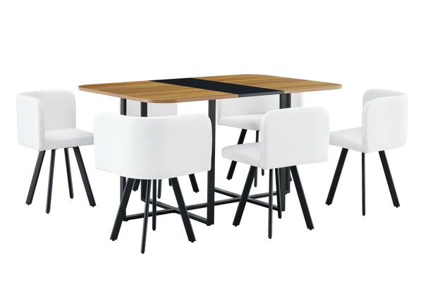 English Elm 7-piece Modern Dining Set Suede Upholstered Chairs Wood Grain Melamine Table Black,White,Wood W3875S00107