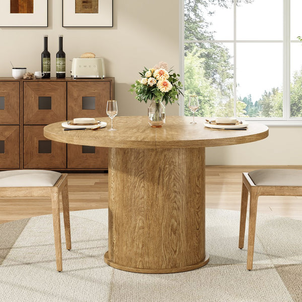 English Elm 43" Round Wood Dining Table with Geometric Metal Base Seats 4 Space Saving Modern Walnut T3623P433908