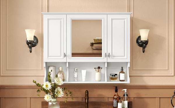 English Elm 35'' Modern Wall-Mounted Medicine Cabinet with Mirror, Hidden Storage and Open Shelves for Bath White N710P209443K