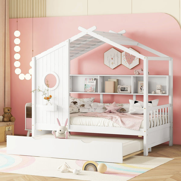 English Elm Wooden Twin House Bed with Trundle and 3 Back Shelves, Pine Frame Playful Loft Design for Kids White 41.7 L x 16.25 W x 6 H N733S316110K