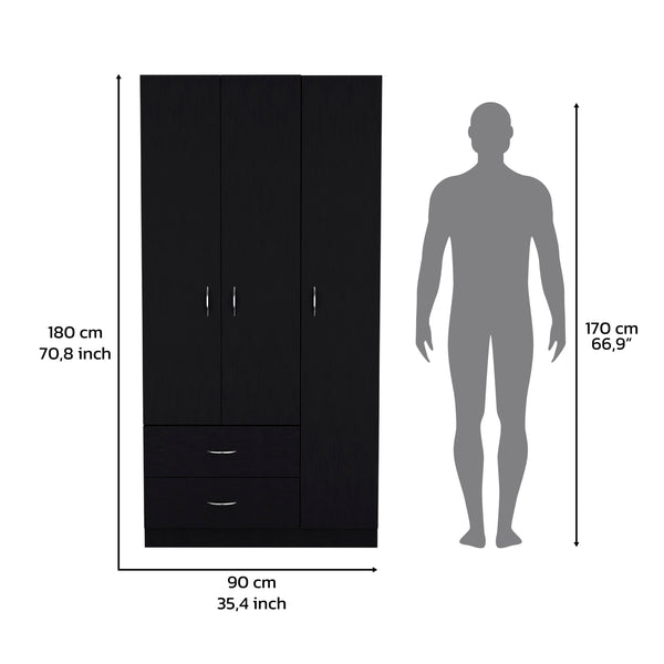 English Elm Bosko Three Door Wardrobe Armoire with Drawers Hanging Rod Black Wengue Finish B097S00224