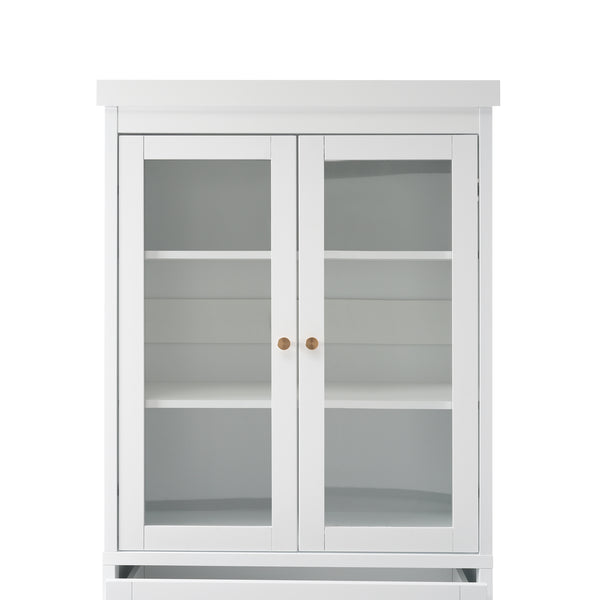 English Elm 70.1" Modern Tall Storage Cabinet with 3 Drawers, 2 Adjustable Shelves, Soft-Close Glass Doors, Gold Handles White N729P271979K