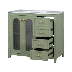 English Elm 36-inch ceramic basin vanity with patterned glass doors, gold round handles & ample storage drawers Green N729P184710F