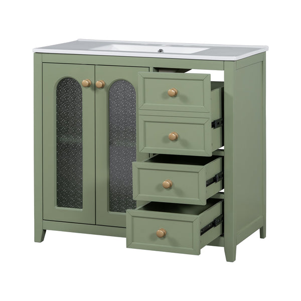 English Elm 36-inch ceramic basin vanity with patterned glass doors, gold round handles & ample storage drawers Green N729P184710F