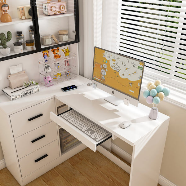 English Elm Computer Corner L-Shaped Desk with Glass Cabinets, Built-In LED, USB Ports, Keyboard Tray, Ergonomic Design White W2699P345803