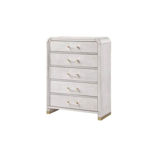 English Elm Malco Solid Wood Chest with Acrylic Bar Handles, Gold Detailing, Rounded Edges and Spacious Drawers Oak 42.25 L x 20.5 W x 56.25 H B201P391803